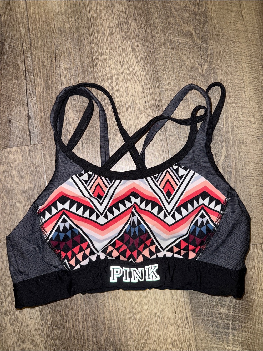 PINK Victoria's Secret Geo Chevron Sports Bra in Black, Coral and Pink